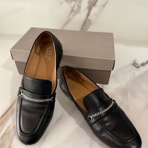 Franco Sarto Black Leather Flats with Chain Detail